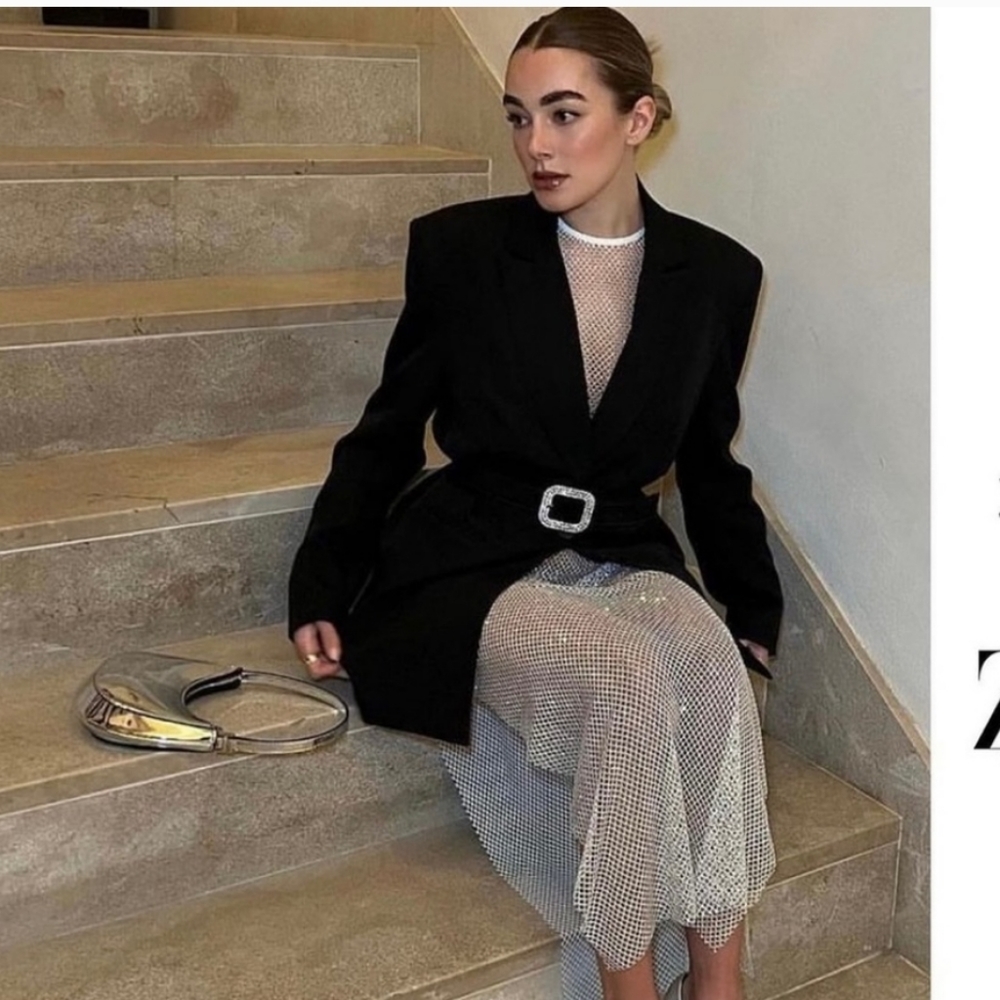 Zara Black Long Sleeve Blazer Dress with Mesh Skirt